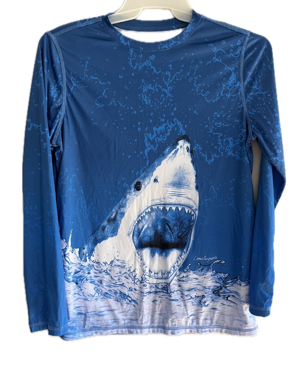 Boys Long Sleeve Swim Shirt Rashguard Blue with Shark Graphic XL